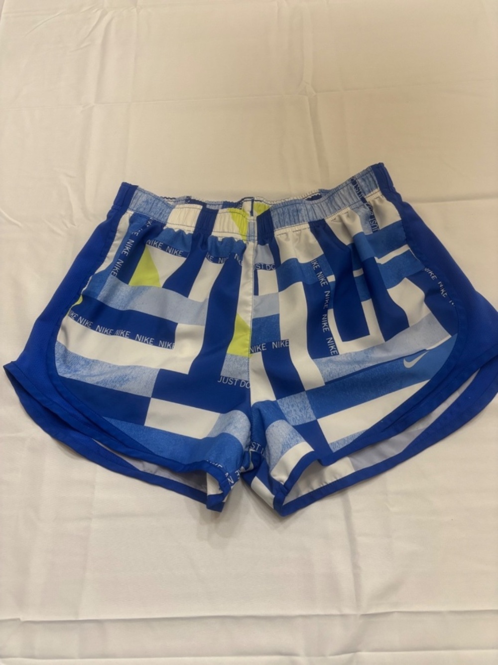 Nike Dri Fit Active Shorts with Spellout Women Medium Blue and Green